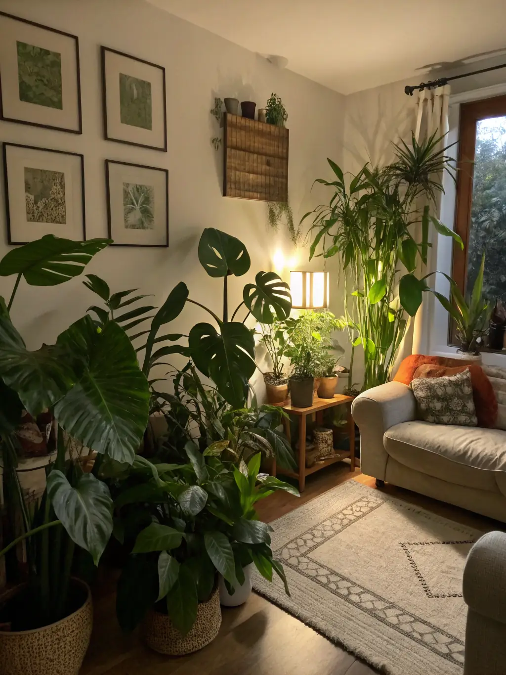 A serene image of a well-decorated living space with plants, books, and cozy furniture, representing the comfort and style of home and garden.