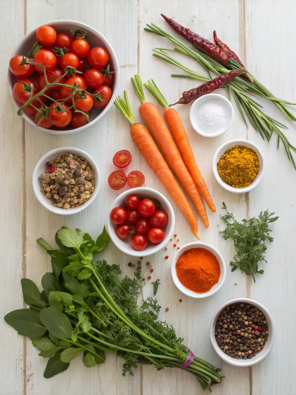 A beautifully styled flat lay of various healthy food ingredients, such as fresh vegetables, fruits, and grains, emphasizing the vibrancy of nutritious eating.